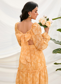 Firkantet utringning Lange ermer Elegant A-line kjole Chiffong Midi Motekjoler 