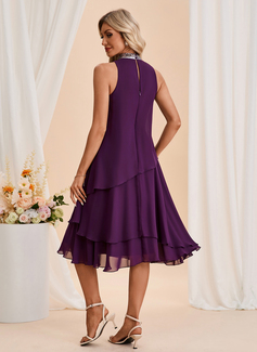 Cascading Ruffles Sequins High Neck Sleeveless A-line Chiffon Midi Dress 