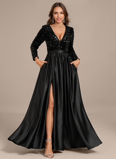 A-line V-Neck Floor-Length Sequin Satin Evening Dress 