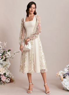 A-line Square Tea-Length Lace Wedding Dress With Embroidered 