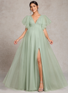 A-line V-Neck Floor-Length Tulle Maternity Dresses With Pleated 