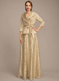 A-line Separates V-Neck Collared Floor-Length Stretch Satin Lace Mother of the Bride Dress With Bow Pleated 