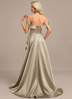Sheath/Column Off the Shoulder Detachable Floor-Length Satin Evening Dress With Beading Overskirt 3D Floral Sequins Appliques Lace 