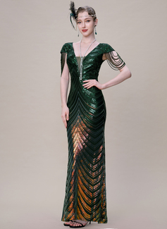 V-Neck Hand Beaded Chain Sleeve Beaded 1920s Evening Gown 