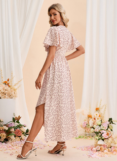 Floral Print Smocked V-Neck Short Sleeve A-line Printed Fabric Asymmetrical Maxi Dress 