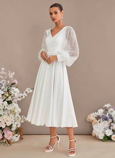 A-line V-Neck Tea-Length Stretch Crepe Wedding Dress With Sequins 