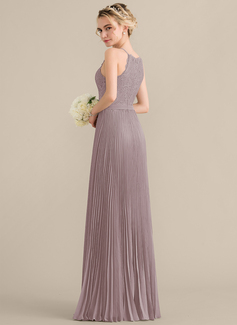 A-Linien-Kleid Rundhals Bodenlang Spitze Chiffon Ballkleid mit Plissee 