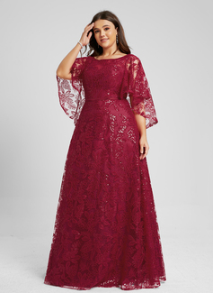 A-Linien-Kleid Rundhals Bodenlang Pailletten Spitze Abendkleid mit Cape-Ärmel 