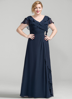 A-line V-Neck Floor-Length Chiffon Mother of the Bride Dress With Cascading Ruffles Crystal Brooch 
