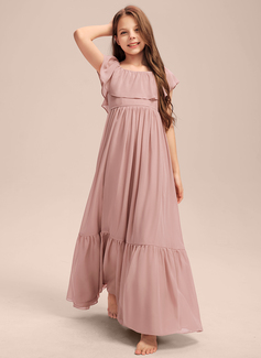 A-line kjole Bare skuldre Gulvlengde Chiffong Brudepikekjole til tenåringer med Brusende Volanger 