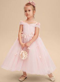 A-line kjole Kald skulder Te-lengde Tyll Brudepikekjole barn med 3D-blomster Sløyfe 