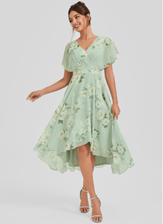 A-line V-Neck Asymmetrical Chiffon Bridesmaid Dress With Ruffle 