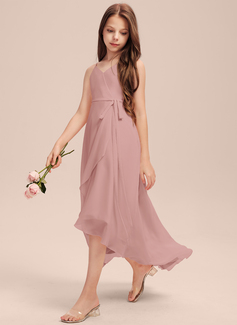 A-linja v-kaula epäsymmetrinen sifonki nuorten morsiusneito mekko jossa laskeutuva röyhelö 