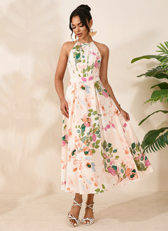 Floral Print Halter Sleeveless A-line Printed Fabric Midi Dress 