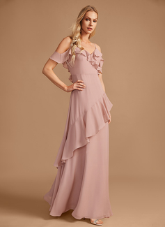 A-formet V-hals Gulvlengde Chiffong Brudepikekjole med Frynse 