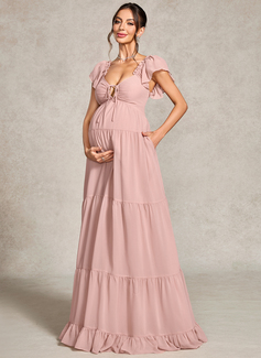 A-line V-Neck Floor-Length Chiffon Maternity Dresses With Ruffle Bow 