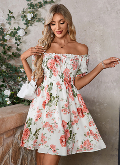 Floral Print Smocked Off the Shoulder A-line Printed Fabric Mini Dress 
