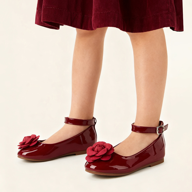 Girl's Flats Princess Shoes Party Flower Faux Leather Round Toe Flat Heel Shoes 