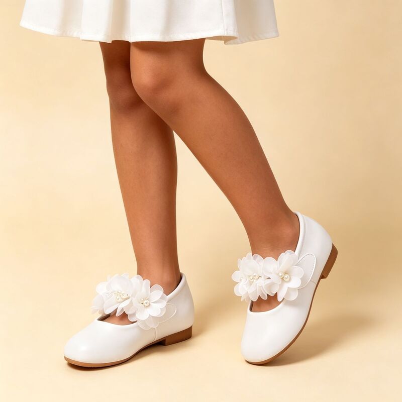 Chaussures plates chaussures de fille de fleur filles mariage fête fleurs perles similicuir bout rond talon plat chaussures 