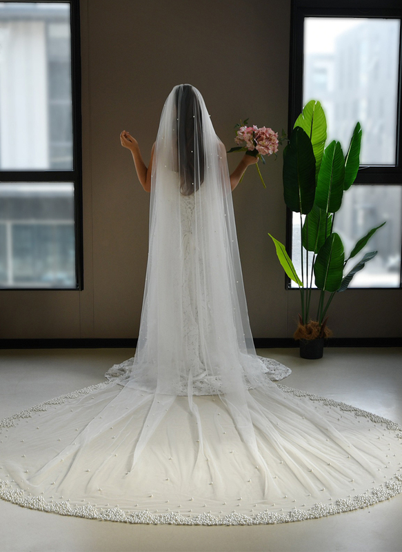 Pearl Cut Edge Single Tier Bridal Cathedral Length 118" Wedding Veils 