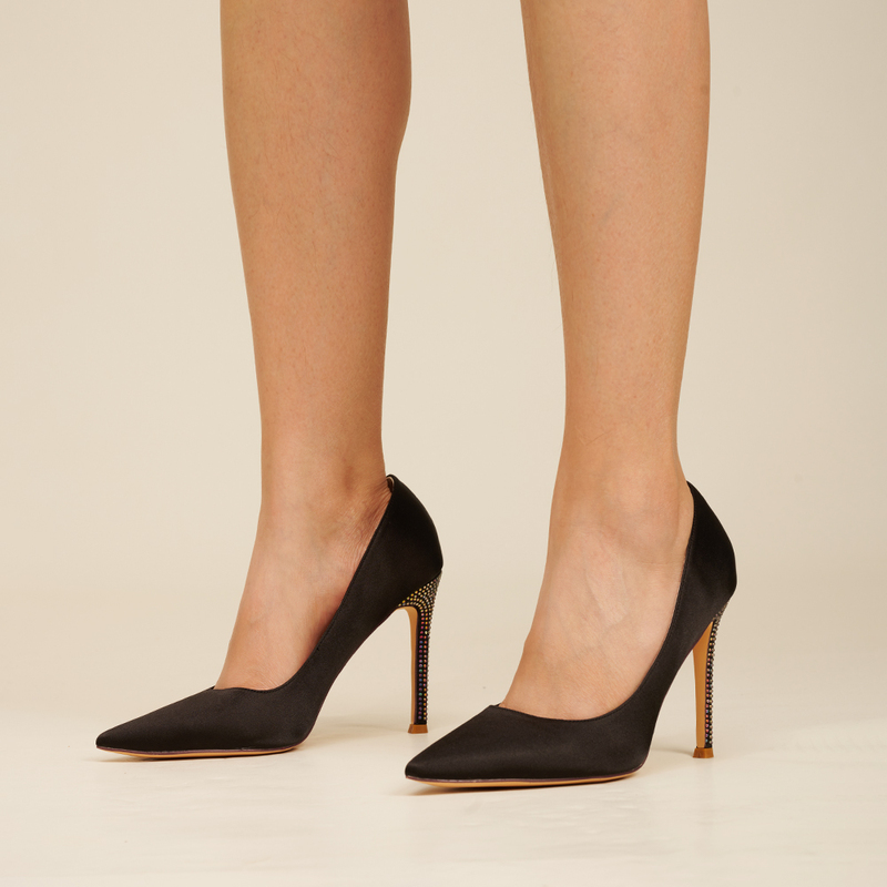 Kvinder Pumps Enkle Satin Høj hæl Punkt tå Rhinsten Glide på sko 