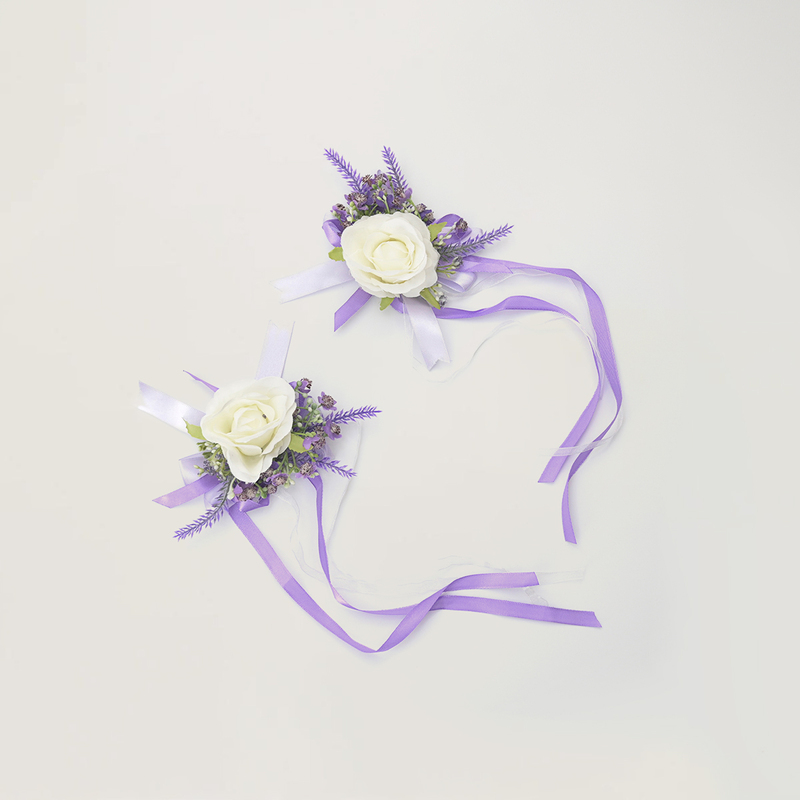 2 PCS Artificial Wedding Flowers Silk Lavender Roses Baby's Breath Wrist Corsage 