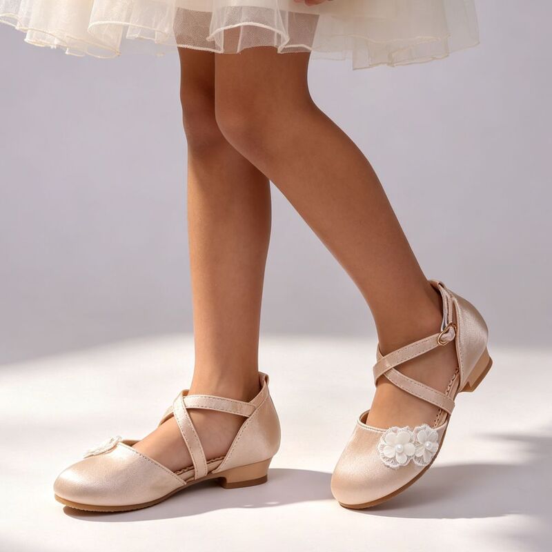 Chaussures de fille de fleur filles mariage fleurs satin bout rond talon plat chaussures