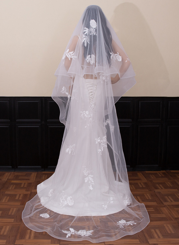 Floral Horsehair Edge Two Tier Bridal Chapel Length 91" Wedding Veils With Blusher 