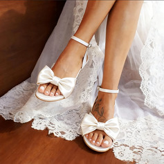 Damen Brautschuhe Satin Flach Offene Schuhspitze Brautsandalen Brautschuhe Boho Niedlich Einfache Schleife Hochzeit Strand Schuhe 