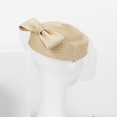 Women's Classic Summer Birdcage Veil Bow Straw Tea Party Pillbox Hats With Elastic Cord