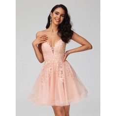 A-line V-Neck Spaghetti Straps Cut-Out Tulle Dress