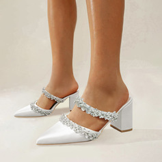 Kvinnor Bröllopsskor Satäng blockhäl Spetsig tå Mules Bröllopssandaler Brudskor Strass Elegant Wedding skor 