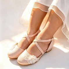 Girl's Flower Girl Shoes Wedding Daily Party Flower Pearl Lace Satin Round Toe Low Heel Shoes 