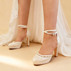 Vrouwen bruidsschoenen mesh satijn hoge hak plateau ronde teen bruiloft hakken bruidsschoenen parel elegant huwelijk feest avond schoenen 