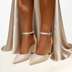 Women's Wedding Shoes Satin Block Heel High Heel Point Toe Wedding Heels Bridesmaid Shoes Ankle Strap Heels Simple Elegant Wedding Evening Prom Party Shoes 