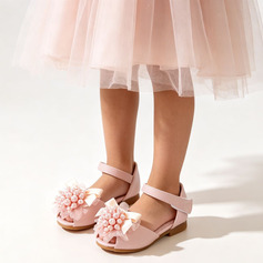 девичий Обувь для девочек свадьба Вечеринка Peep Toe Цветок жемчужный дерматин Плоский каблук обувь 