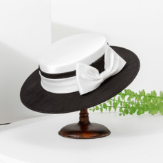 Women's Elegant Bow Slub Fabric Wedding Tea Party Boater With Elastic Cord 