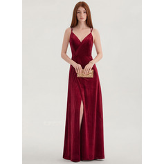 A-Linien-Kleid V-Ausschnitt Bodenlang Samt Brautjungfernkleid (007220898)