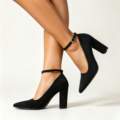 Women's Ankle Strap Heels Work Party Suede Block Heel Point Toe Solid Color Buckle Shoes