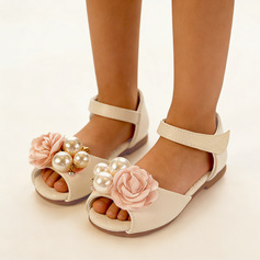 Girl's sandalen bloemenmeisje schoenen huwelijk feest junior bruidsmeisje schoenen bloem parel kunstleer peep toe flat heel schoenen 