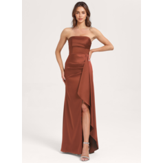 Meerjungfrau-Linie Geradem Ausschnitt Bodenlang Matte Satin Brautjungfernkleid mit Rüschen (007417352)