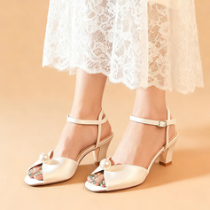 Женский Свадебная обувь Satin Высокий каблук блочный каблук Peep Toe Свадебные сандалии Свадебная обувь жемчужный Винтаж свадьба Вечеринка Выпускной Вечер коктейль обувь 