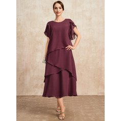 A-Linien-Kleid Rundhals Wadenlang Chiffon Kleid für die Brautmutter (008286711)