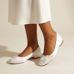 Women's Wedding Shoes Satin Flat Heel Round Toe Pumps Elegant Flower Wedding Shoes