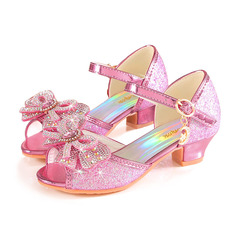 Girl's Sandals Princess Shoes Wedding Party Cosplay Peep Toe Junior Bridesmaid Shoes Bowknot Rhinestone Glitter Low Heel Shoes 