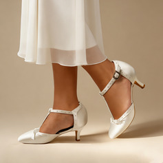 Damen Brautschuhe Satin High-Heels Runde Schuhspitze Brautschuhe mit Absatz Brautschuhe Vintage Schleife Strass Hochzeit Party Abschlussball Schuhe 