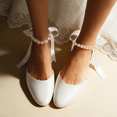 Vrouwen bruidsschoenen satijn platte hak gesloten teen bruiloft flats bruidsschoenen ballerina's eenvoudig parel huwelijk schoenen 