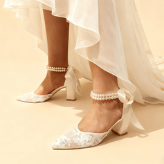 Vrouwen bruidsschoenen kant satijn blokhak puntteen bruiloft hakken bruidsschoenen parel ribbon tie kant elegant huwelijk schoenen 