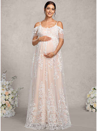 Kjole med A-linje Kolde skulder Rund-halsudskæring Sweep/Brush train Blonder Graviditetskjoler 