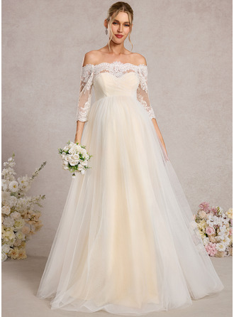 A-line Off the Shoulder Floor-Length Tulle Maternity Dresses With Pleated